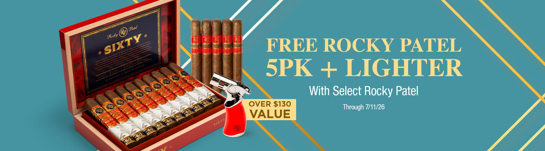 Rocky Patel Emerald, Sixty, White Label,Disciple, SG Maduro - 5 free cigars + lighter free