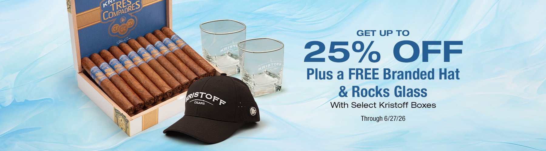 Buy a box of Kristoff Up to 25% off, receive a Free Hat + Rocks Glass