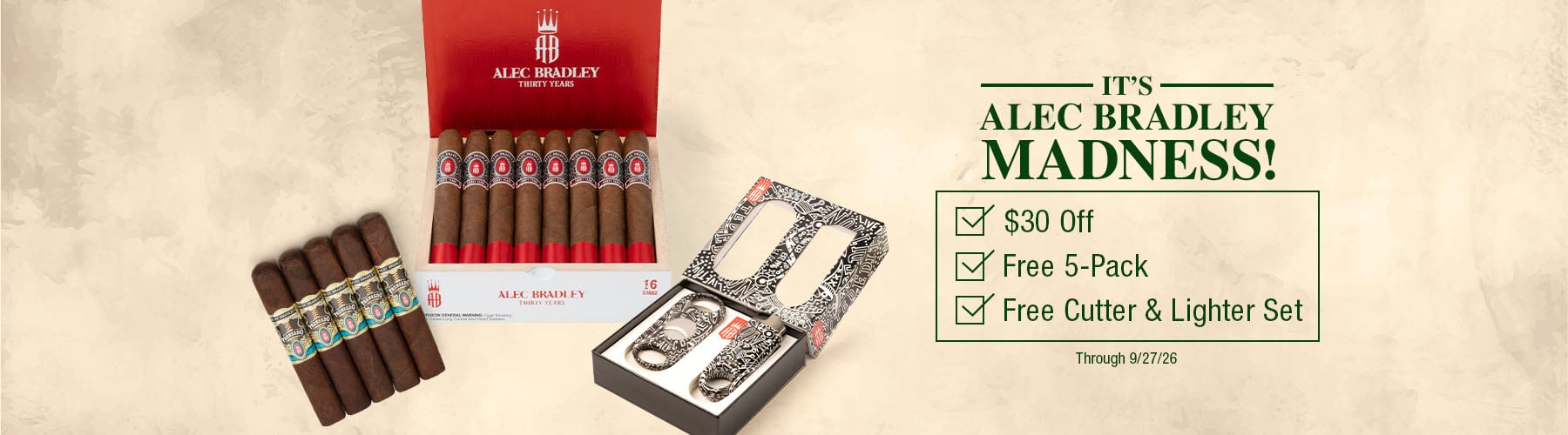 Alec Bradley Madness $30 off + Free Cutter & Lighter Set + 5 Pack
