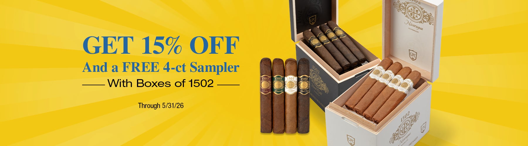 15% off 1502 boxes + Free 4 Cigar Sampler