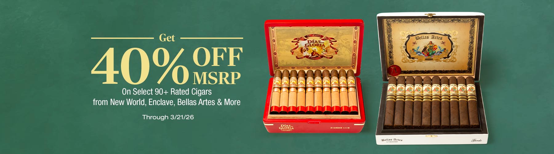 40% off MSRP (33% off Cigars.com price) boxes of New World, Enclave, Bellas Artes & More