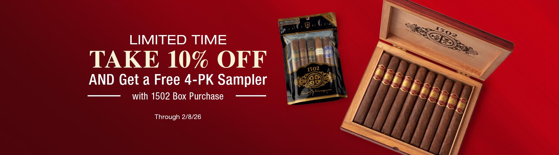 10% off 1502 boxes + Free 4 Cigar Sampler